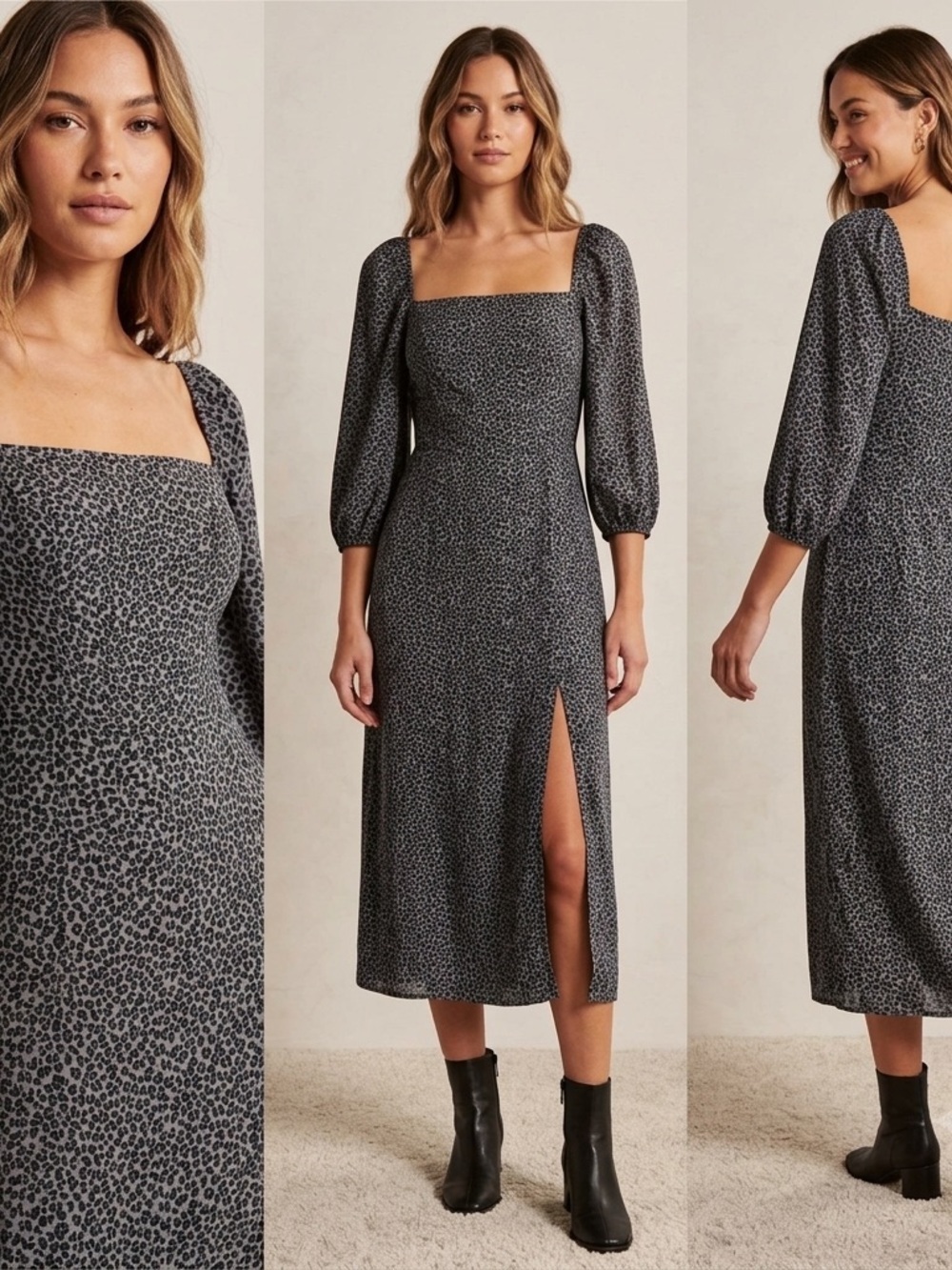Abercrombie Fitch Grey Animal Print Side Slit Square Neck Midi Dress Women’s S